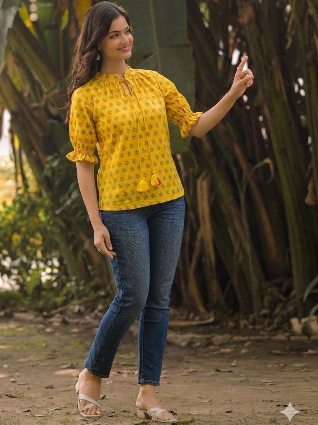 Anouk Rustic Floral Print Tie-Up Neck Flutter Sleeve Top