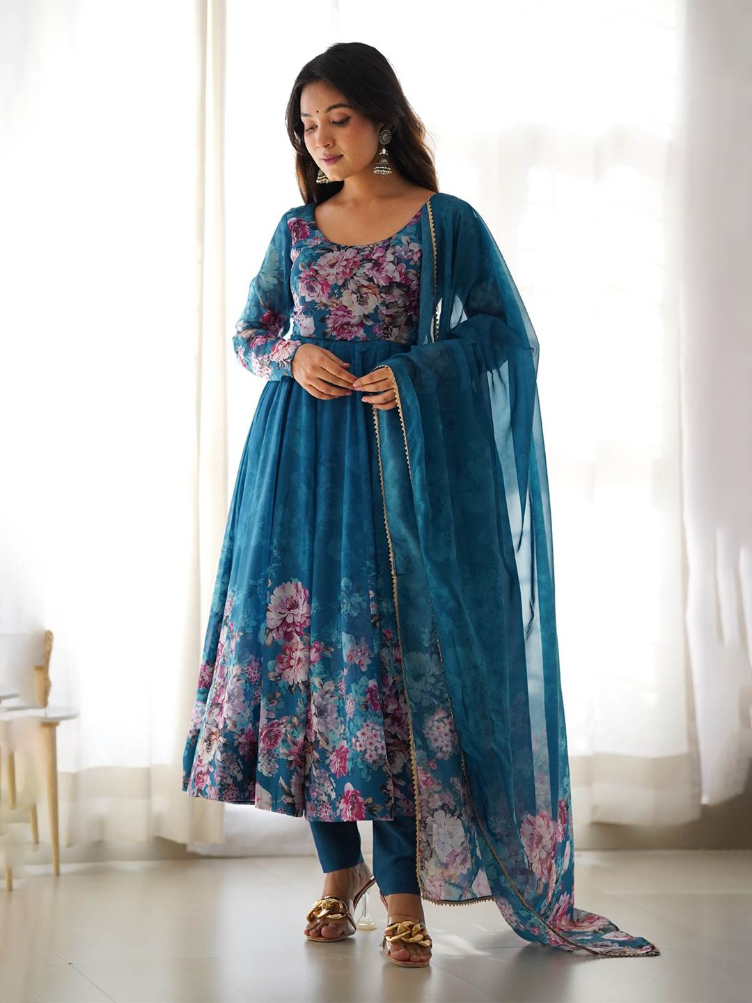 SAJAVAT ETHENIC WEAR Floral Printed Panelled Pure Silk Kurta With Trousers & Dupatta
