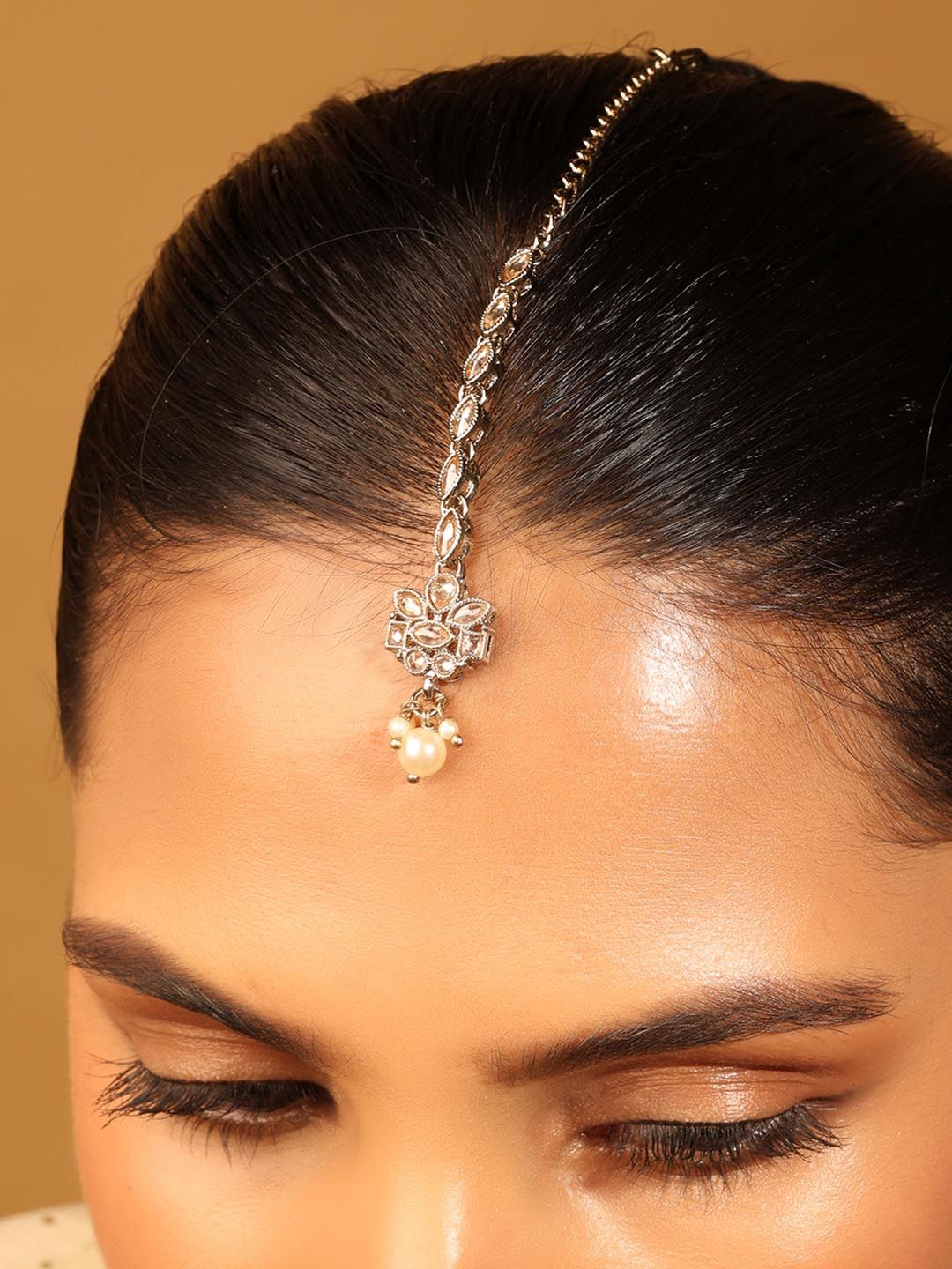 SALONI FASHION JEWELLERY Gold-Plated Artificial Stones and Beads Studded Maang Tikka Head Jewellery