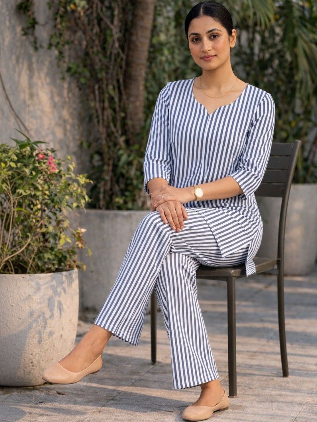 PARIKSHIT Checks Embellished V-Neck Three-Quarter Sleeves Top with Trousers