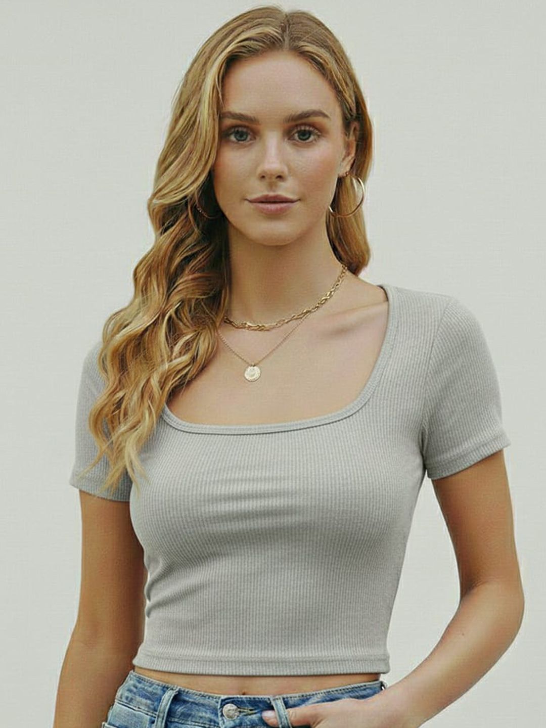 Grey Ribbed Square Neck Short Sleeves Crop Top