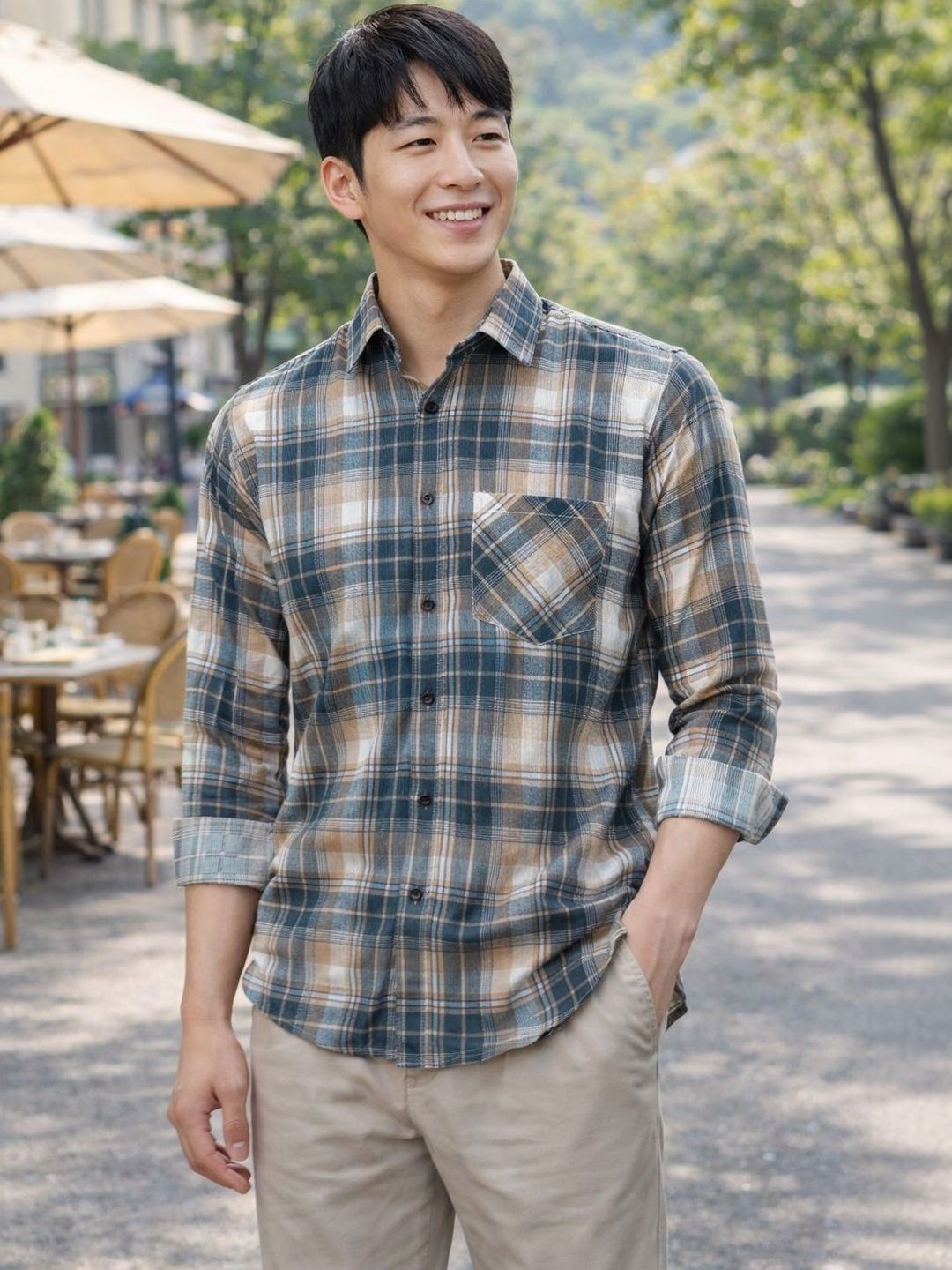 KASMEN CO. Modern Checked Spread Collar Cotton Slim Fit Shirt
