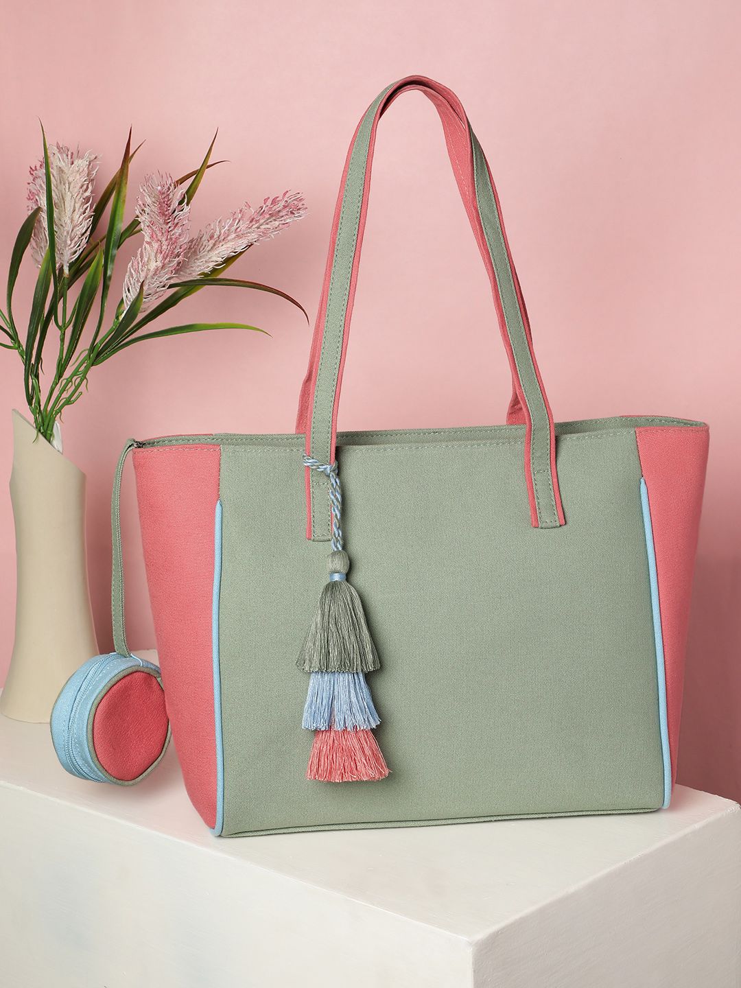 Anekaant Hue Solid Tasselled Canvas Large Shopper Tote Bag With Pouch