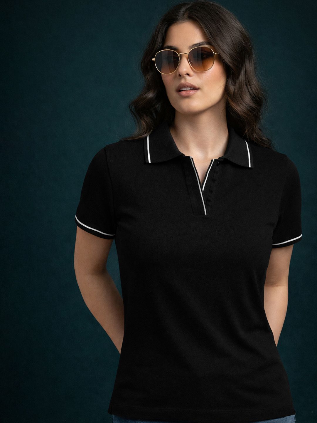 LASOON Women Polo Collar Slim Fit T-shirt