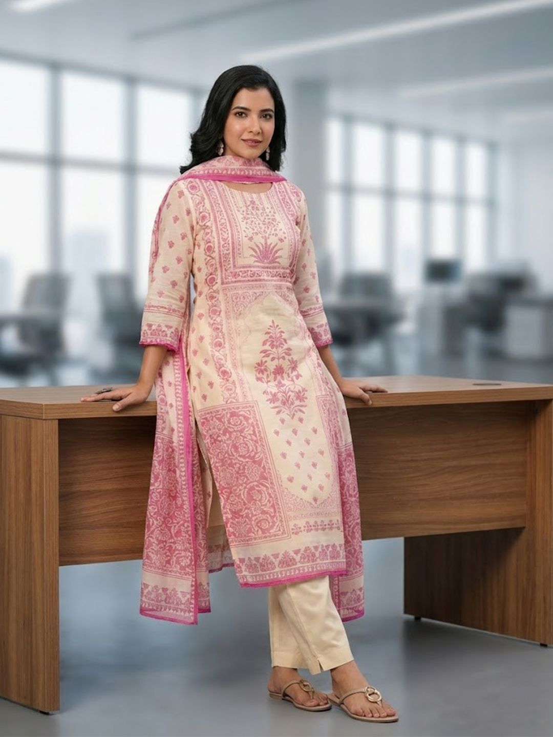 Rain & Rainbow Women Ethnic Motifs Printed Kurta with Trousers & Dupatta Cotton Set