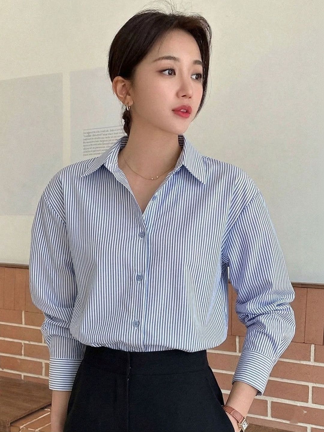 Swaggish Women  Blue White Striped Cotton Blend Regular Fit Formal Shirts
