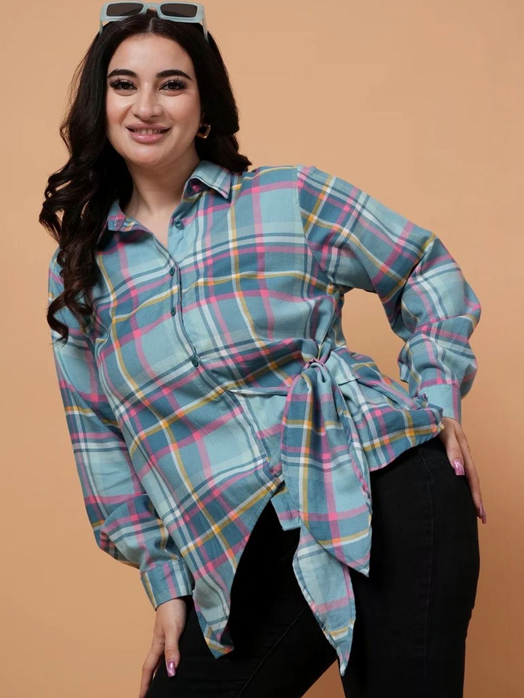 STYLLEY Women Blue Checked Collar Tie-up Detail Plus Size Shirts