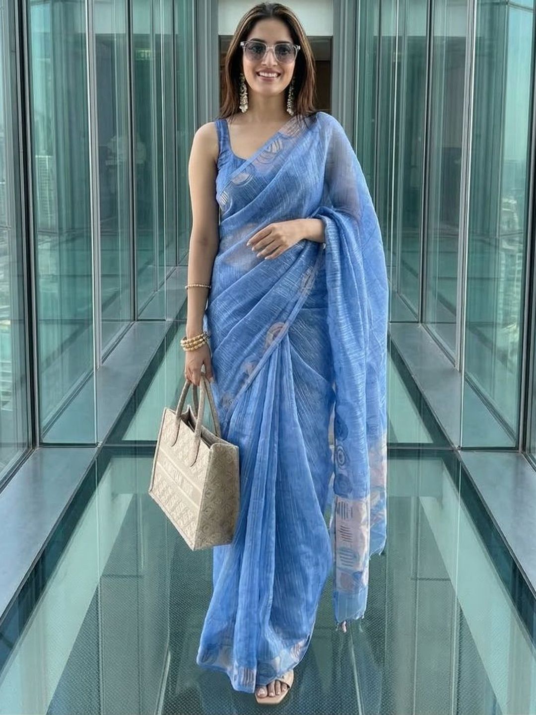 HALKA FULKA Blue Organza Sequence Embellished Sarees