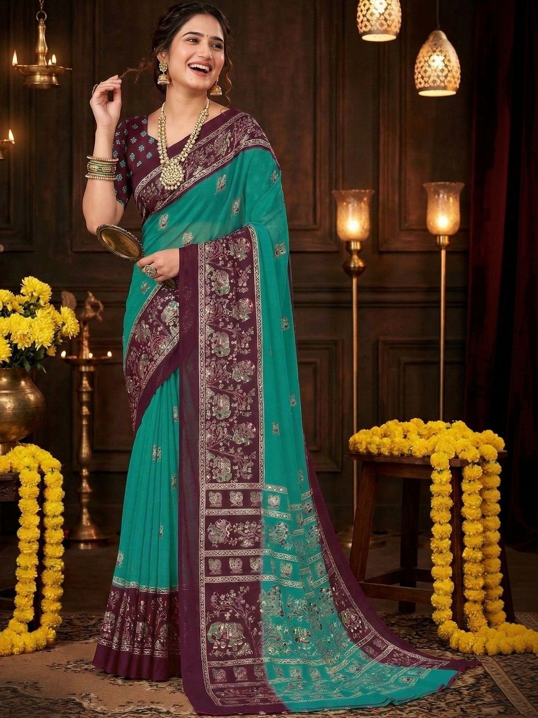 KALINI Teal Maroon Party Wear Sarees