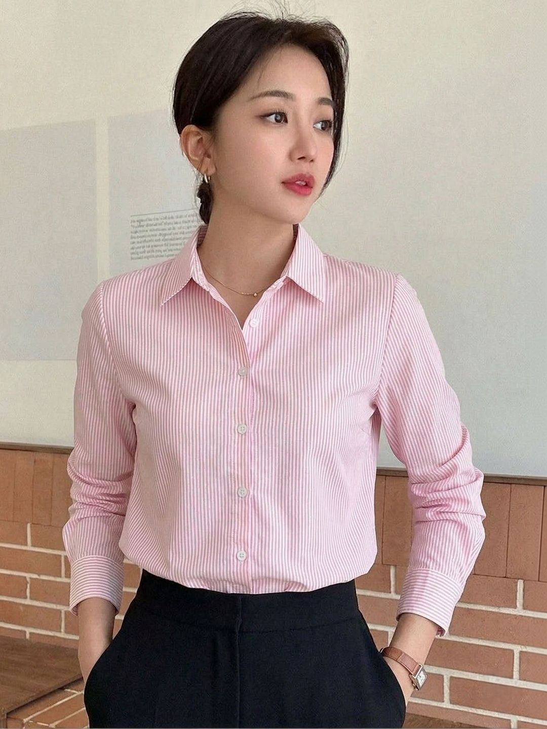 Swaggish Vertical Stripes Striped Spread Collar Cotton Shirt