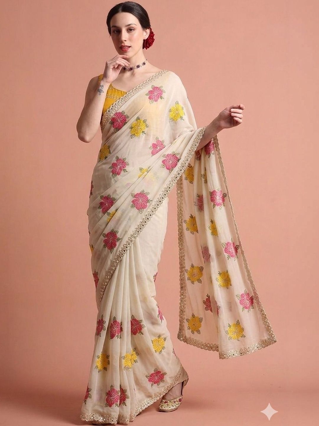 Sita Floral Mirror Work Pure Georgette Saree