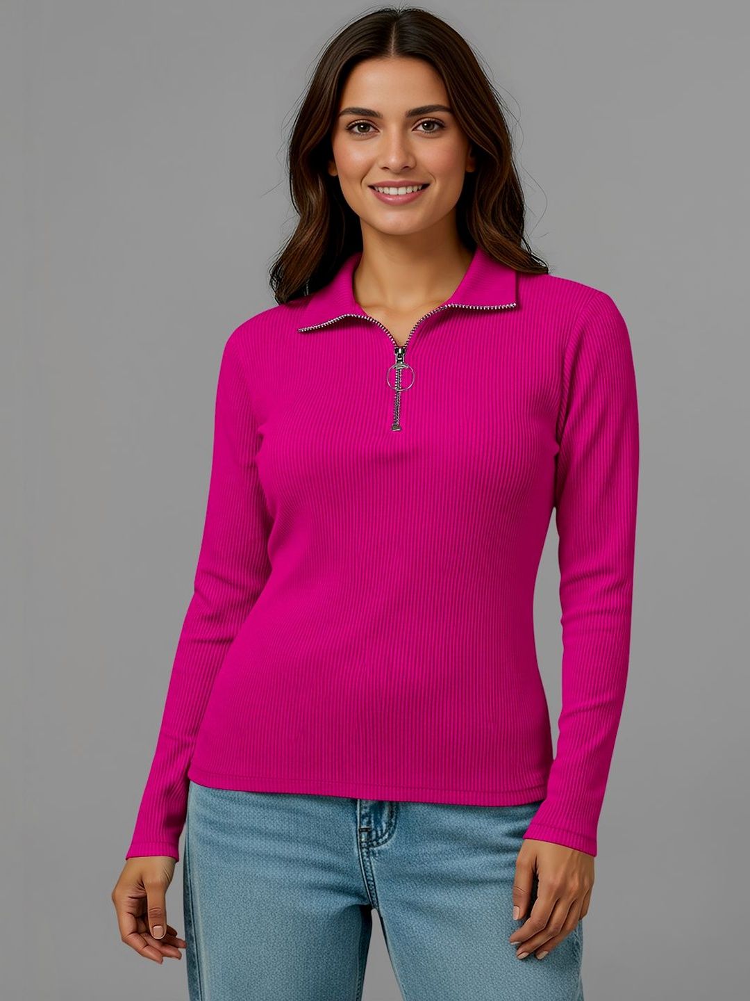 Pink High Neck Long Sleeves Top