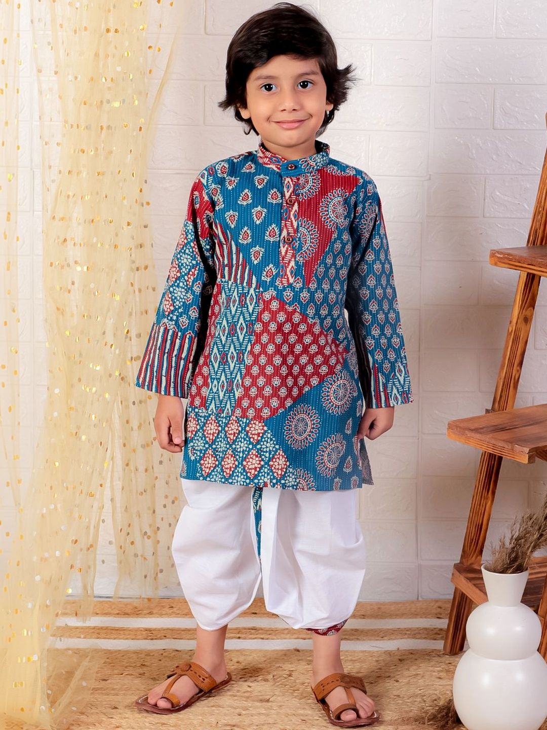 MoMaa Boys Floral Printed Regular Pure Cotton Kurta with Dhoti Pants