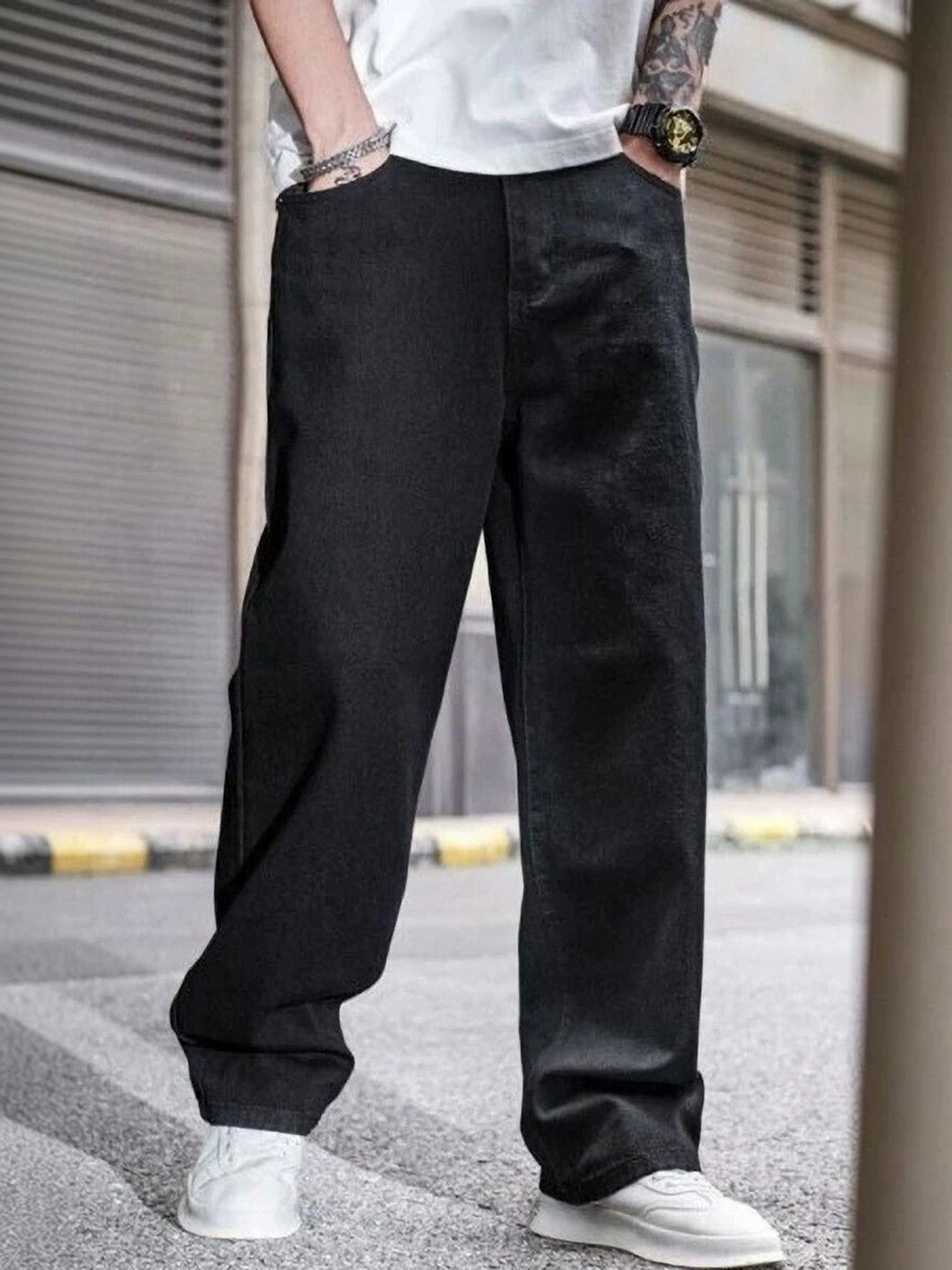 Veltick Men Baggy Fit Mid-Rise Dark Jeans