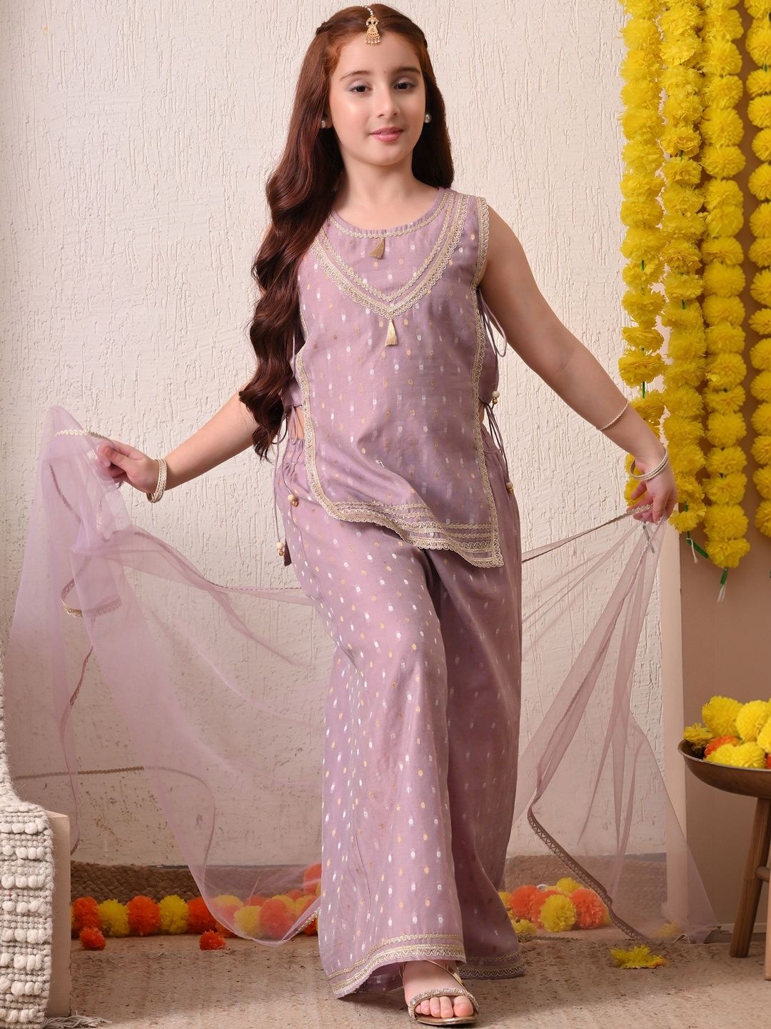 Girls Printed Round Neck Kurta & Palazzos With Dupatta 6