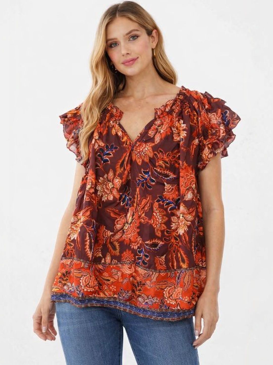 NoBarr Print V-Neck Short Sleeves Top