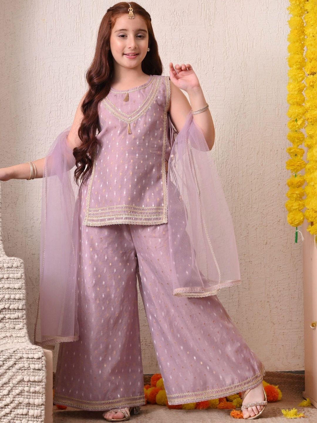 Girls Printed Round Neck Kurta & Palazzos With Dupatta 3