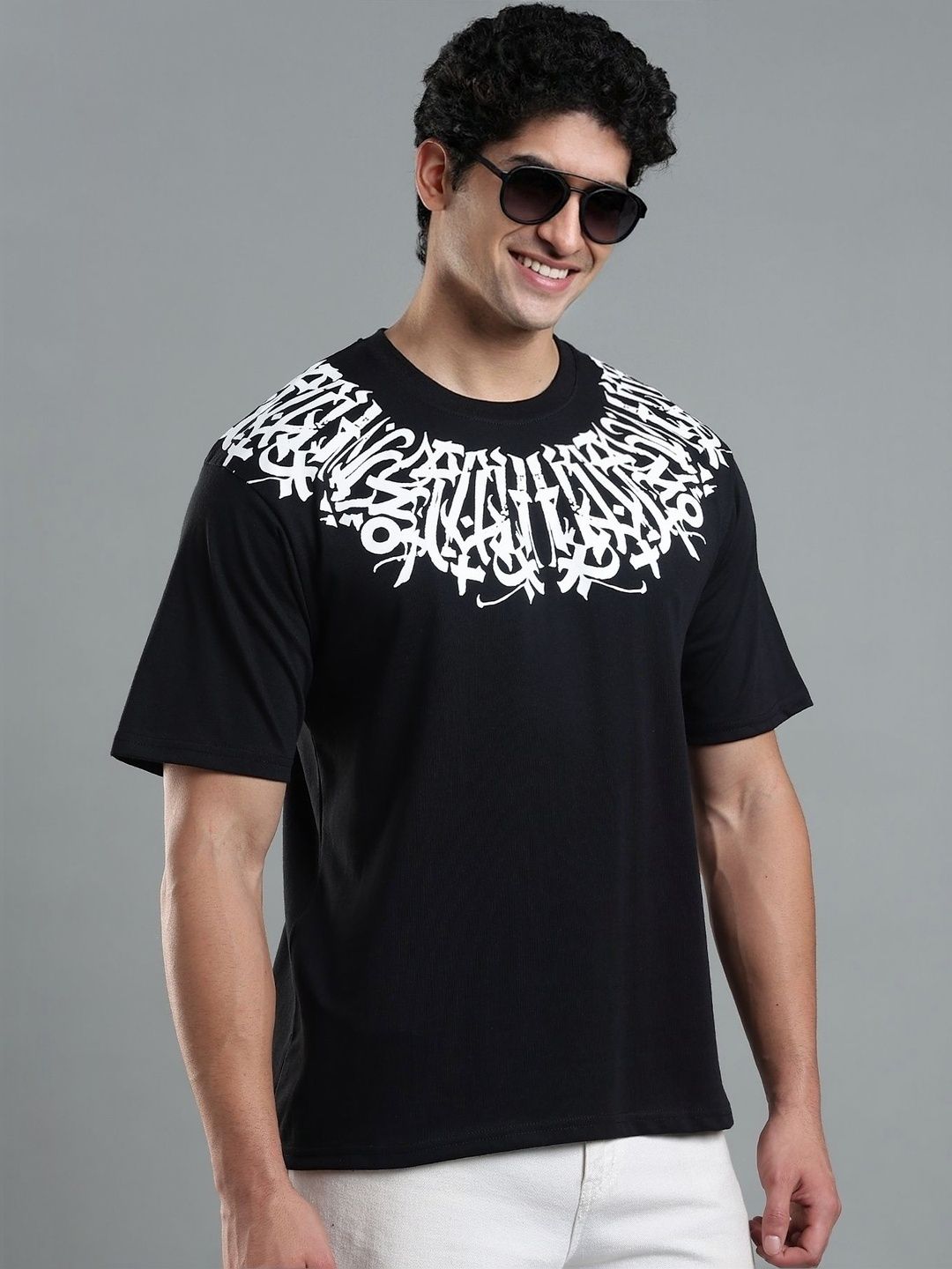 LEWEL Men Typography Printed Round Neck Cotton Oversized T-shirt