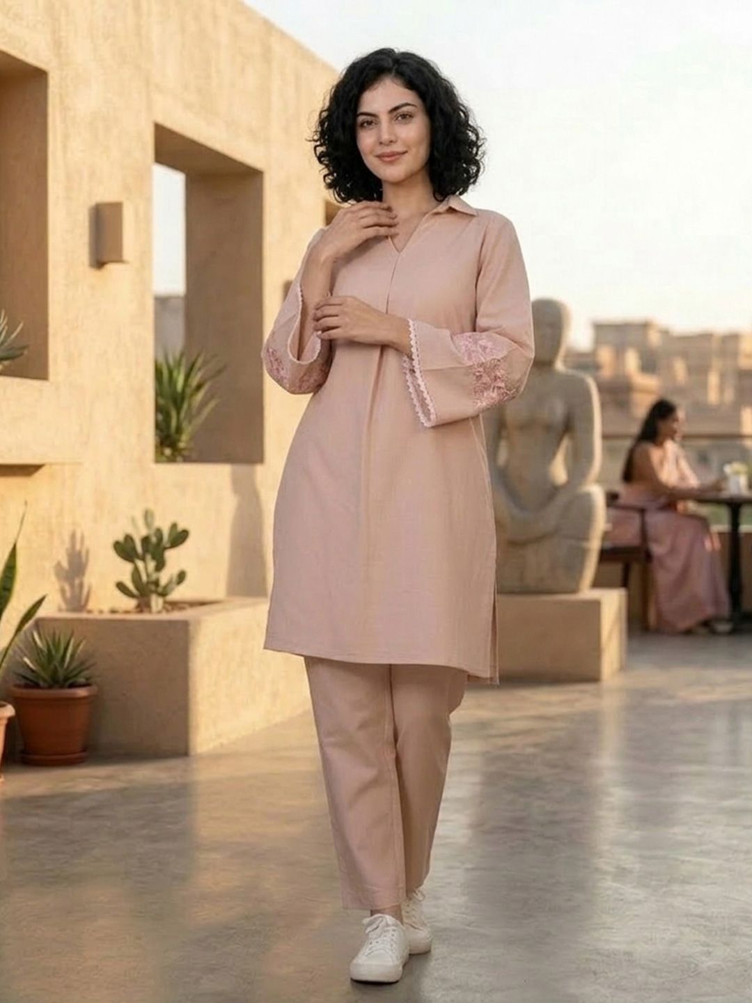 Varanga Peach-Coloured Floral Embroidered Shirt Collar Thread Work Kurta With Trousers
