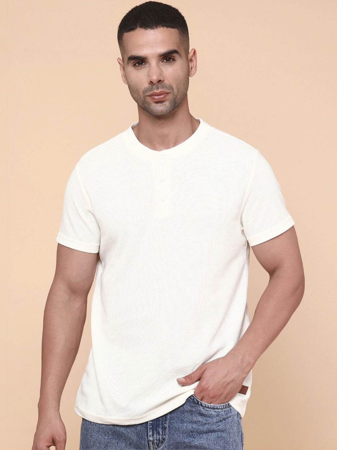 Off White Henley Neck Regular Fit T-shirt