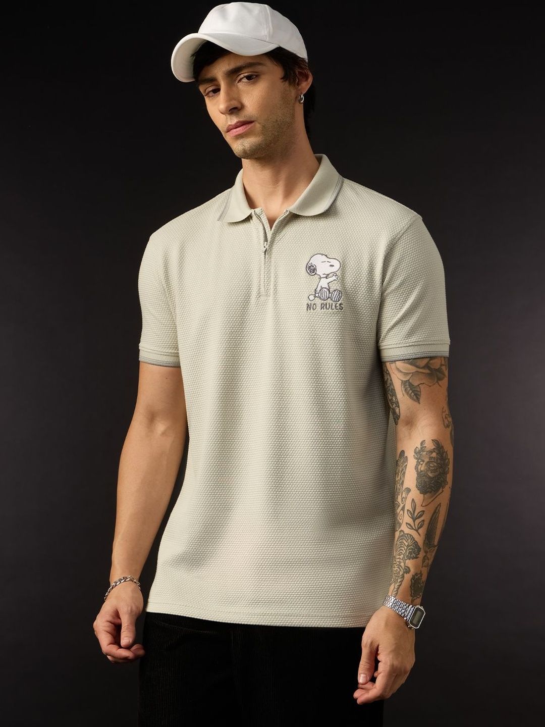 The Souled Store Mens Peanuts Embroidered Beige Zipper Polos T-Shirts
