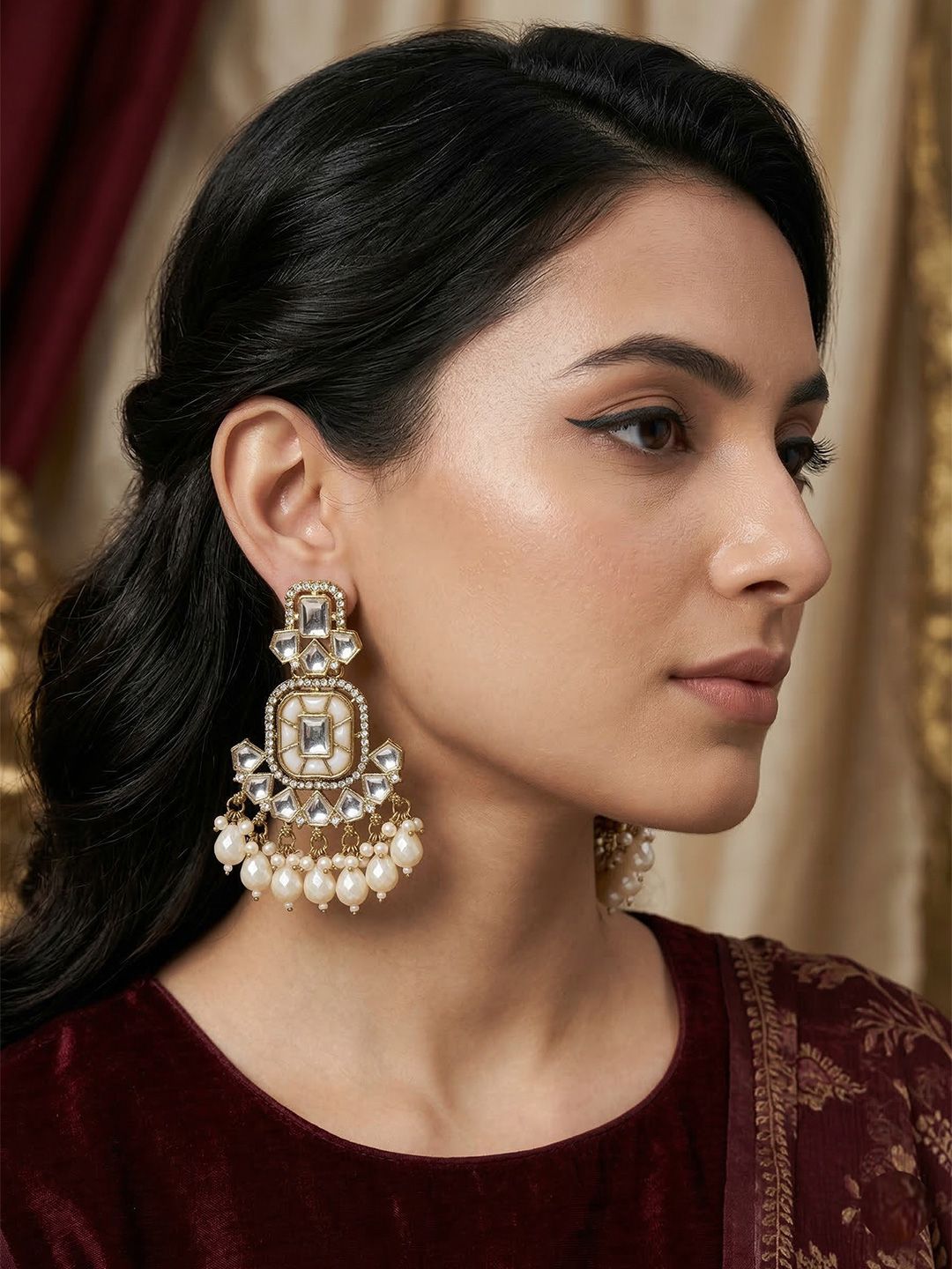 MEIRA JEWELLERY Gold-Plated Artificial Stones Studded & Beaded Teardrop Drop Earrings