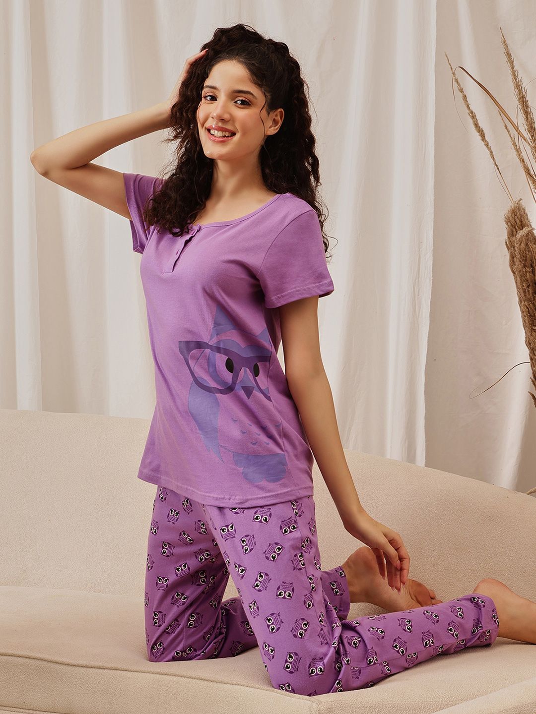 Clovia Owl Print 100% Cotton Button Down Top & Pyjama Night suit