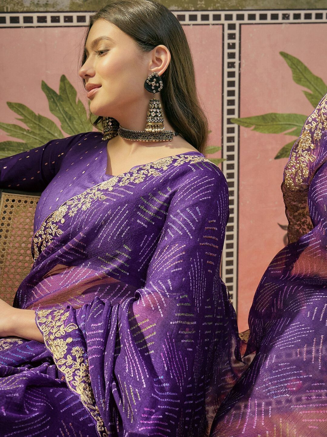 Sangria Bandhani Printed Pure Chiffon Embellished Border Saree  & Unstitched Blouse Piece