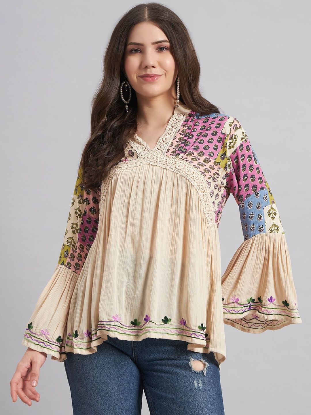 VELDRESS V Neck Mandrain Collor Crochet Lace Embroidered Bell Full Sleeves Tops