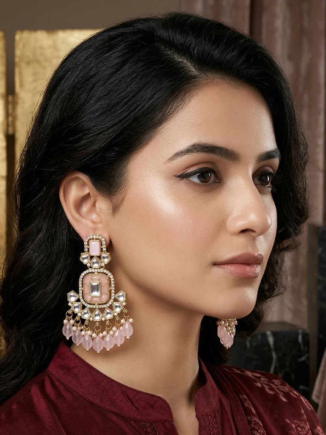 MEIRA JEWELLERY Gold Plated Artificial Stone Studded & Beaded Drop Earrings