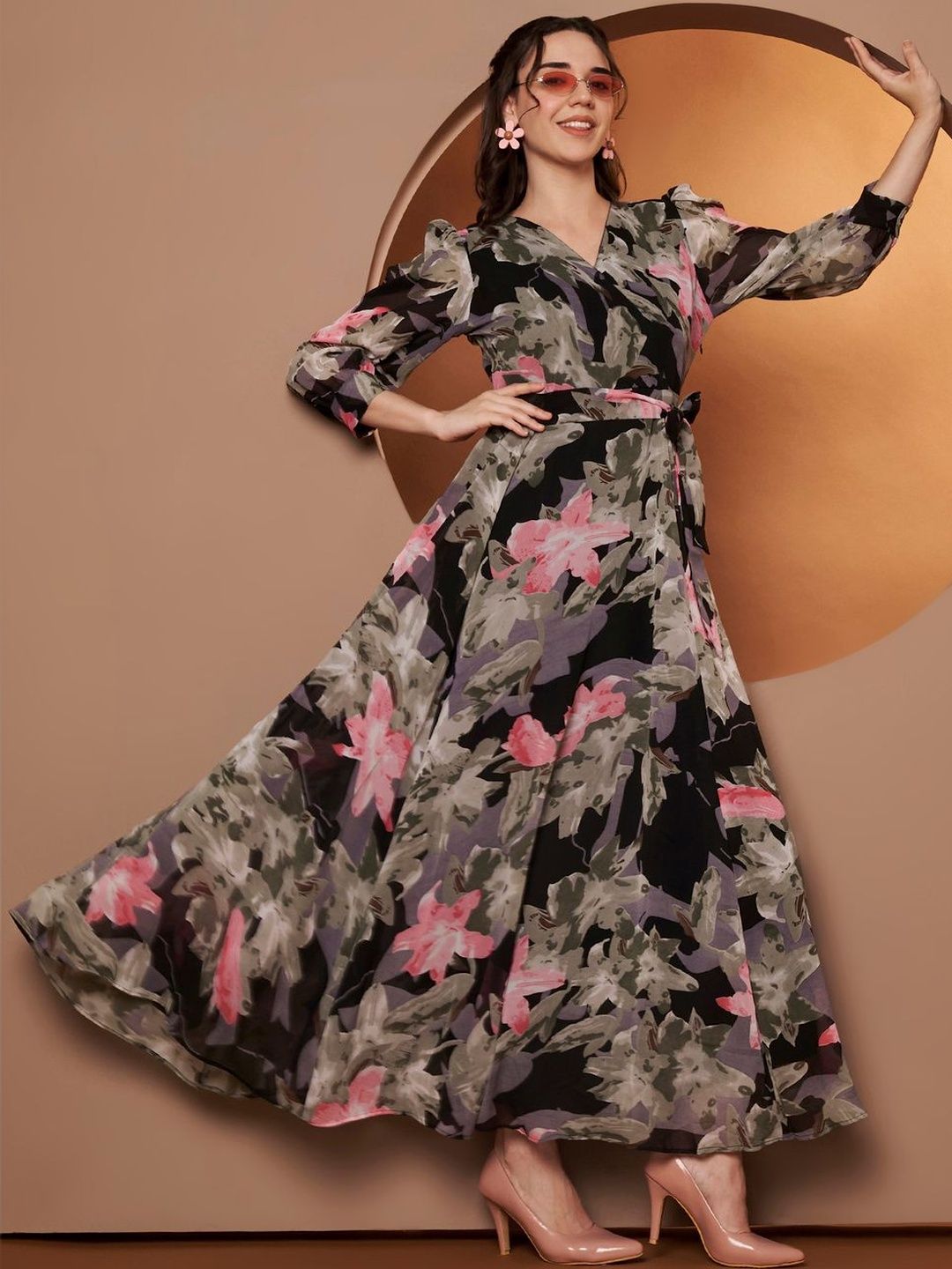 OTABU Floral Printed Ruffled Fit & Flare Maxi Dress