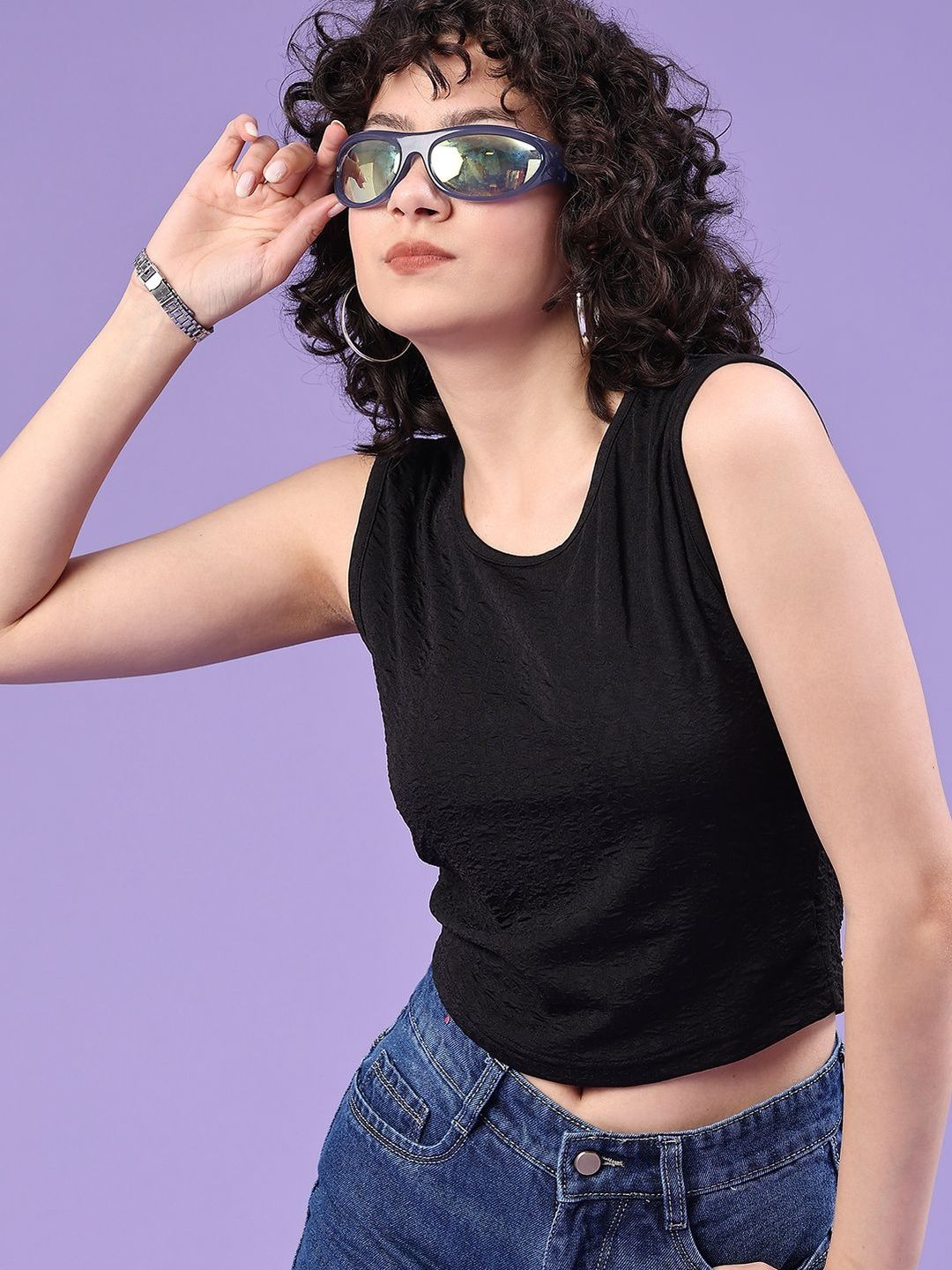 LIMEROAD Women Western Self Design Polyester Round Neck Tops