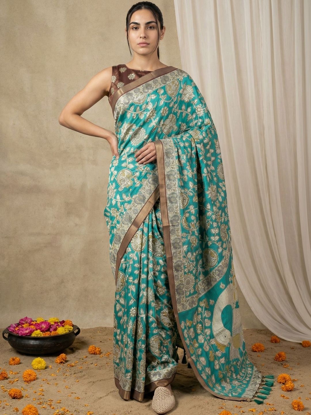 ELITE WEAVES Printed Ethnic Motifs Woven Design Zari Silk Sarees