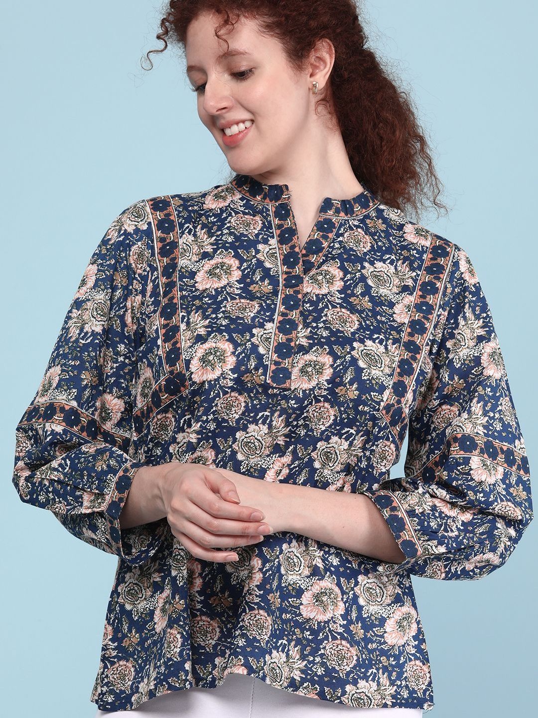 Blue Floral V-Neck Three-Quarter Sleeve Top
