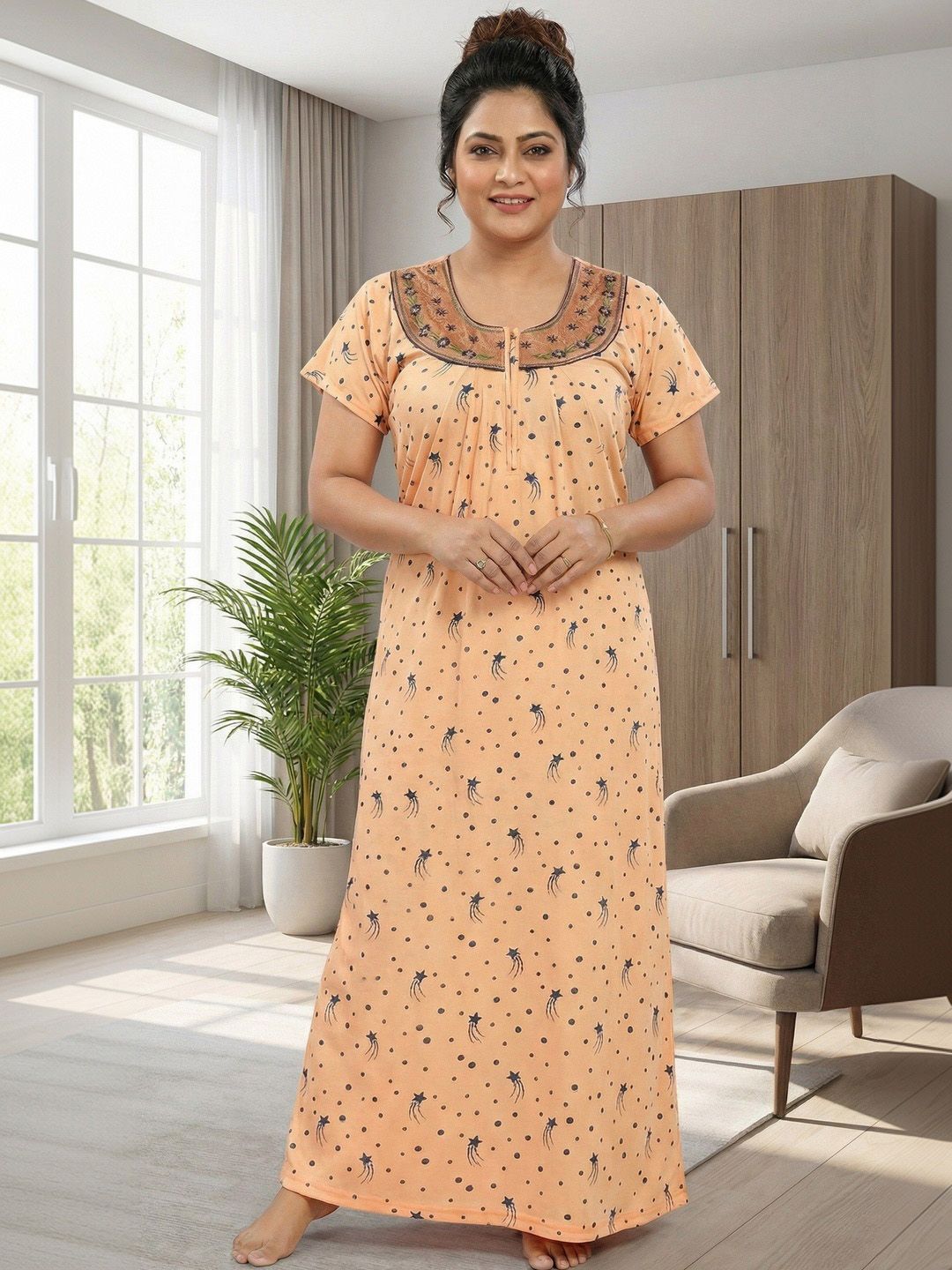 SENSLIFE Hosiery Cotton Mix Printed Nightdress Long Nighty