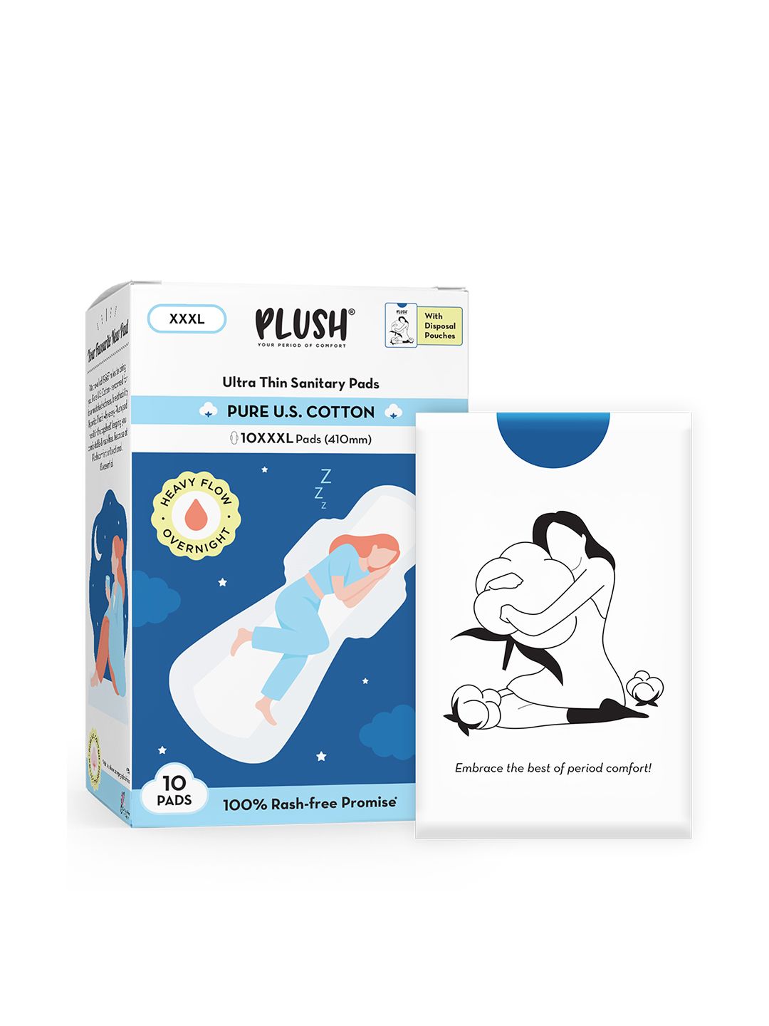 Plush Ultra-Thin XXXL All Night Sanitary Pads with Disposable Pouches - 10 Pads
