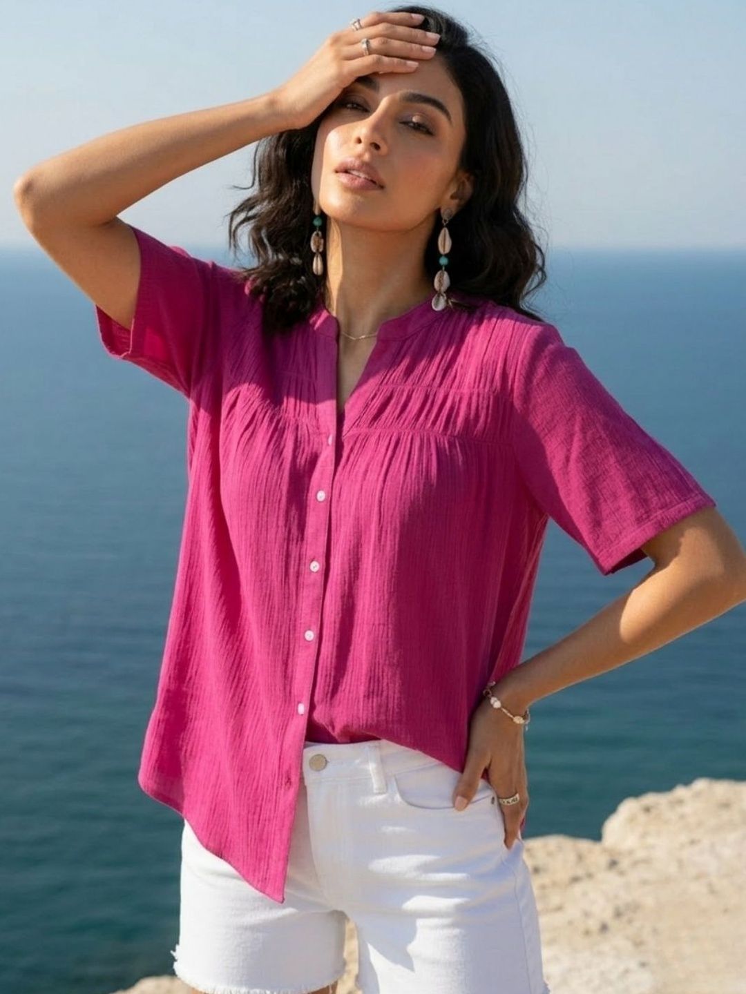 Dora Dori Pink Crepe Mandarin Collar Elasticated Yoke Short Sleeve Tops