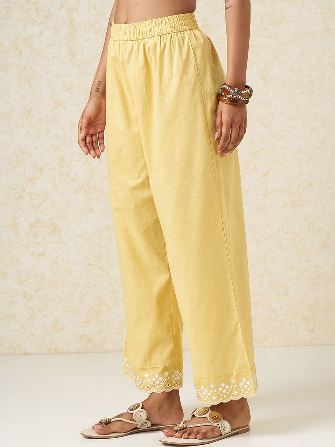 RANGMANCH BY PANTALOONS Embroidered Mirror Work Flared Cotton Trousers