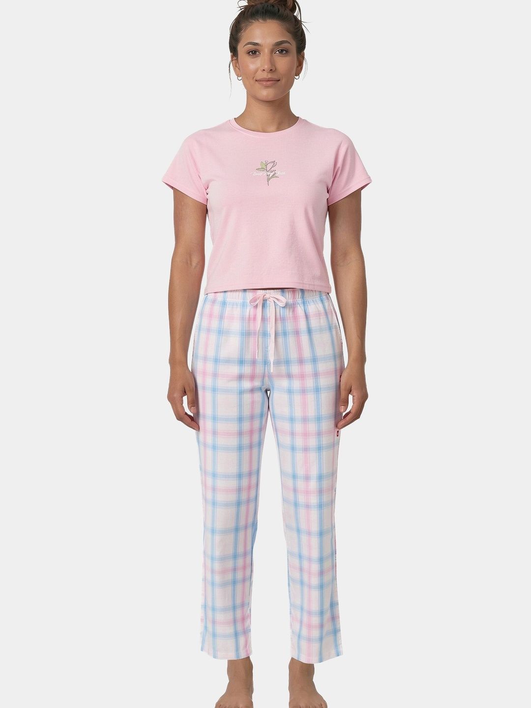Enamor Women Mid Rise Full Length Drawstring Pants Relaxed Fit Cotton E4A5