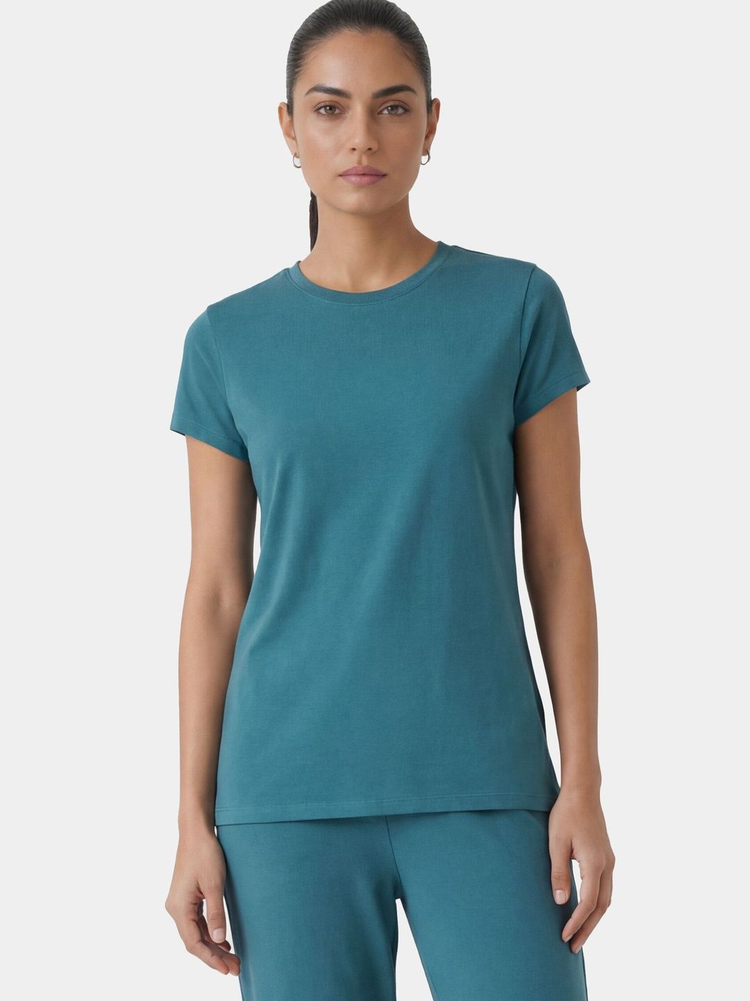 Enamor Women Short Sleeve Crew Neck Breathable Stretch Cotton T Shirt Slim Fit E047