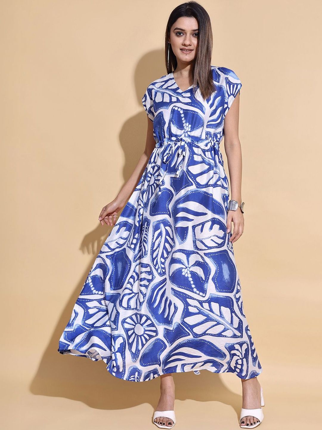Murcia Women's Blue White Printed Dress Waist Tie-up Dresses