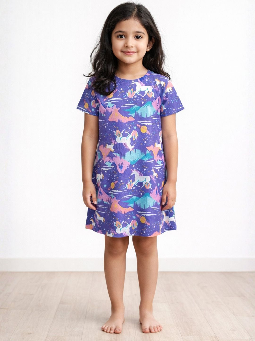 Kids Girls Summer Night Dress Cotton Purple Unicorn Planet