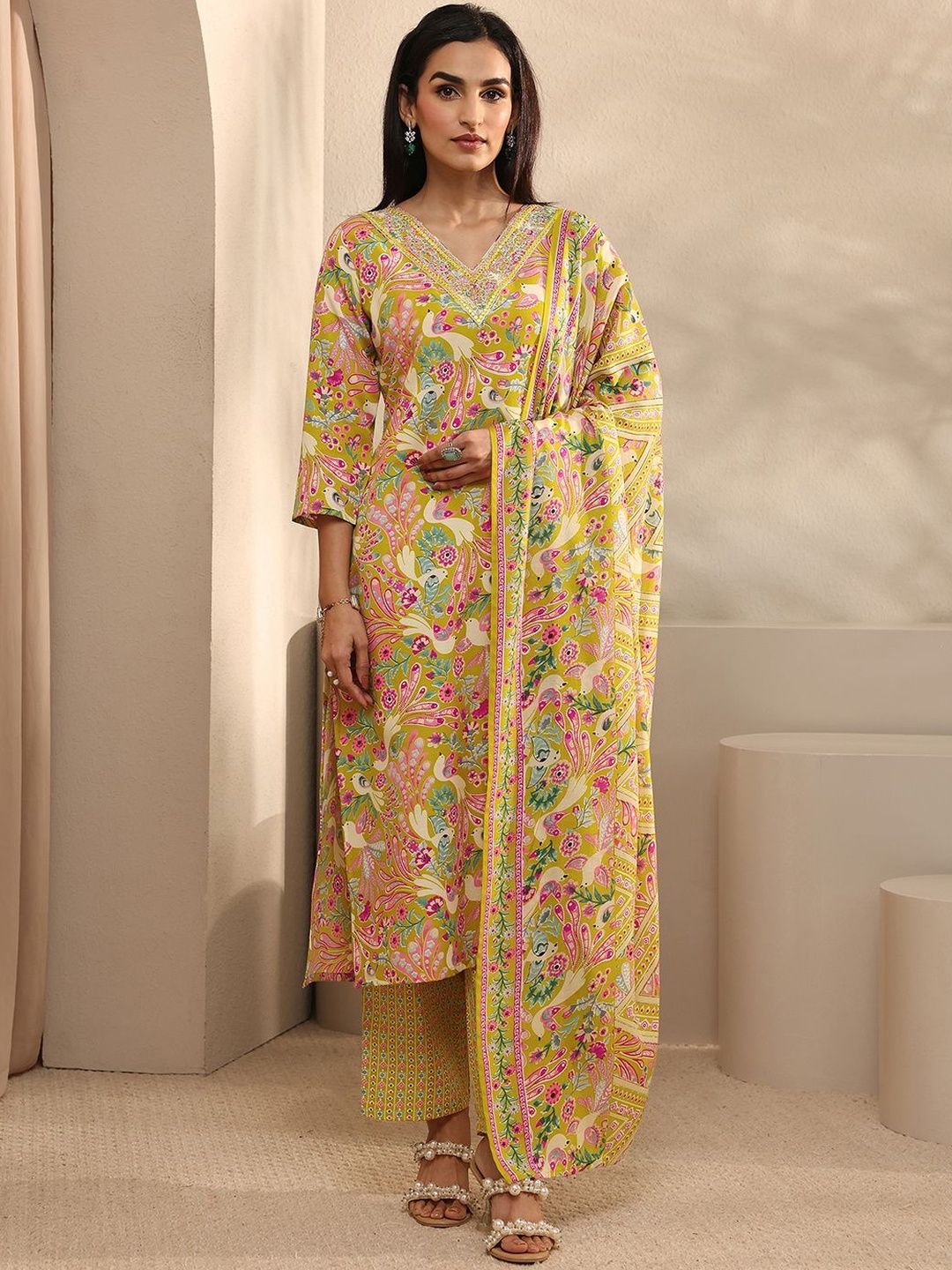 Gerua By Libas Women Ethnic Motifs Printed Regular Thread Work Kurta with Trousers & With Dupatta
