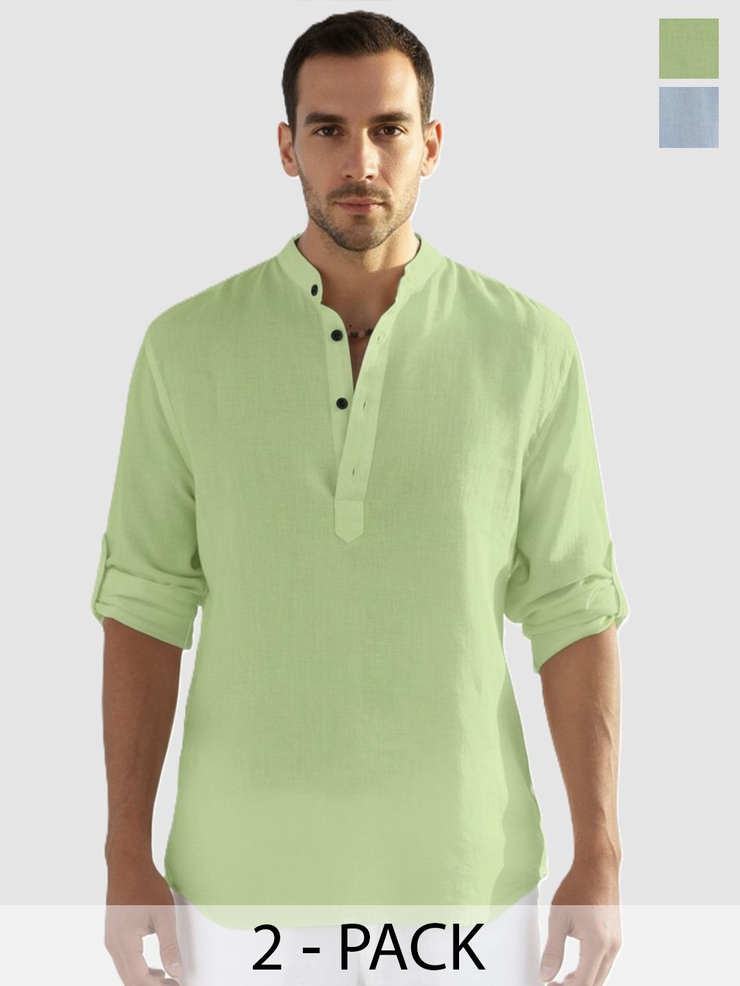 Bellstone Men Pack of 2 Solid Regular Fit Mandarin Collar Cotton Blend Short Kurtas