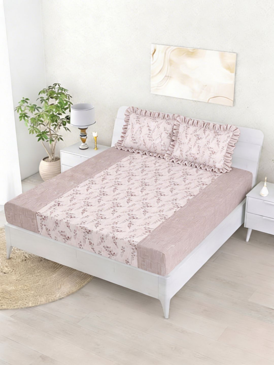 Buy Status Pink & Brown Premium Cotton Feel Double Fitted Bedsheet With 2 Frill Pillow Covers -  - Home for Unisex