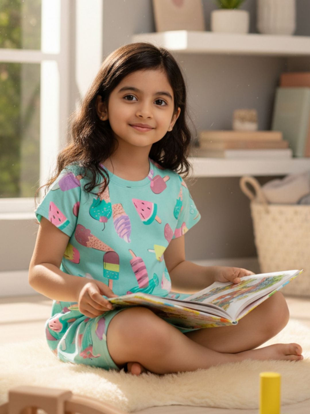 Kids Girls Summer Ice Cream Night Dress Cotton Aqua 6