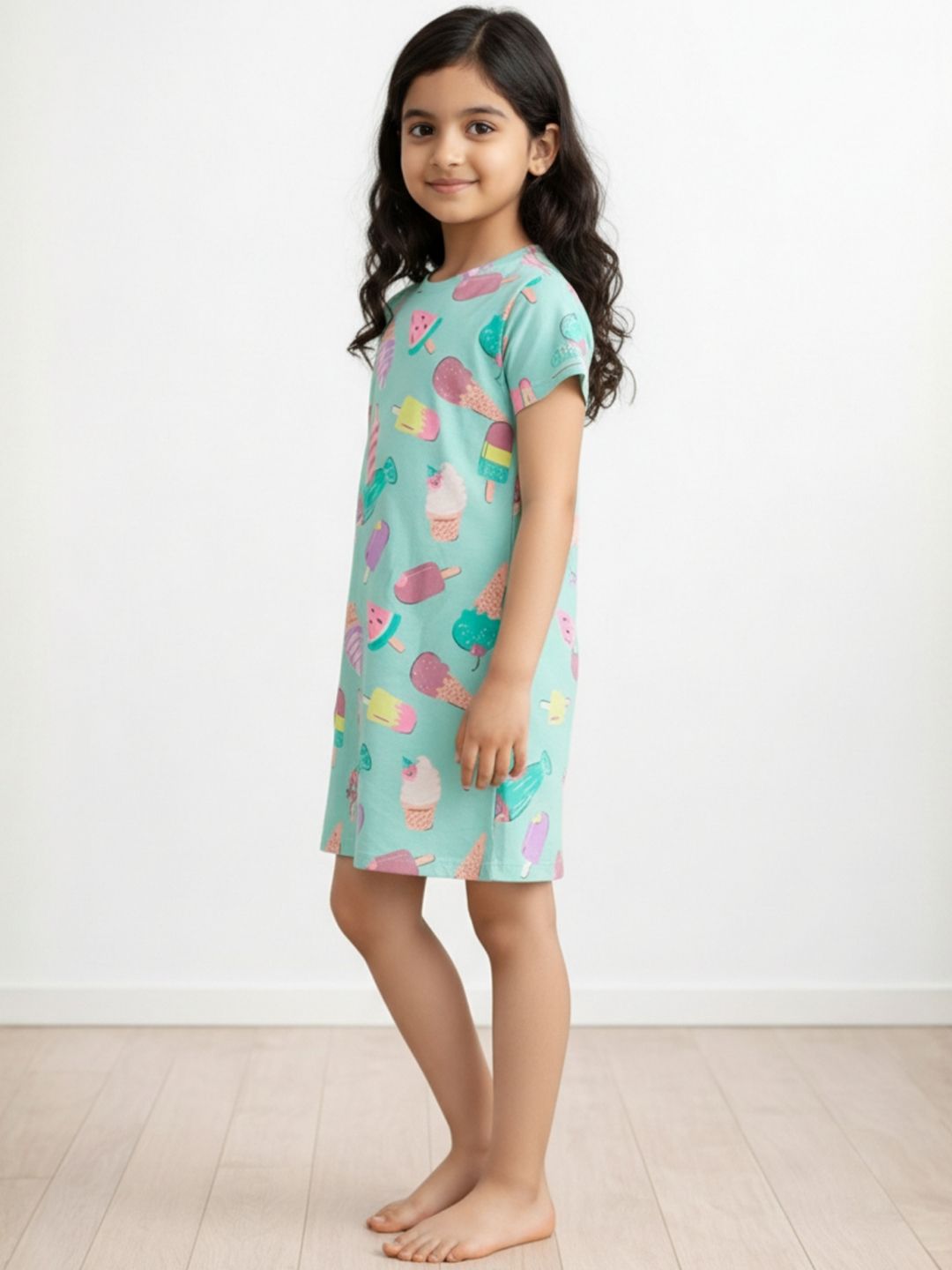 Kids Girls Summer Ice Cream Night Dress Cotton Aqua 3