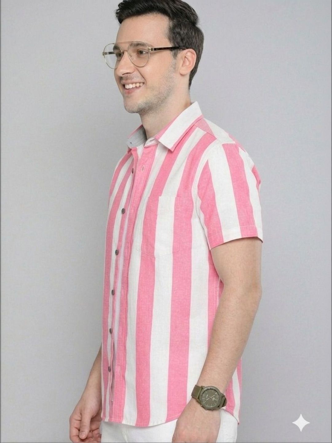 TIGER SNAKE Men Striped Spread Collar Cotton Short Sleeves Shirt