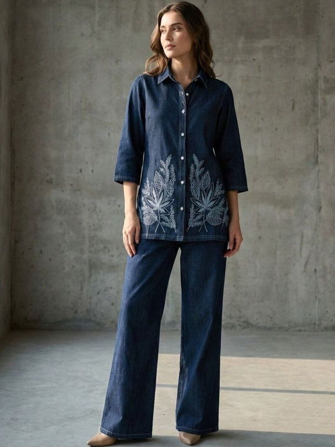 AUTUMN LANE Embroidered Shirt Collar Pure Cotton With Palazzos Co-Ord Set