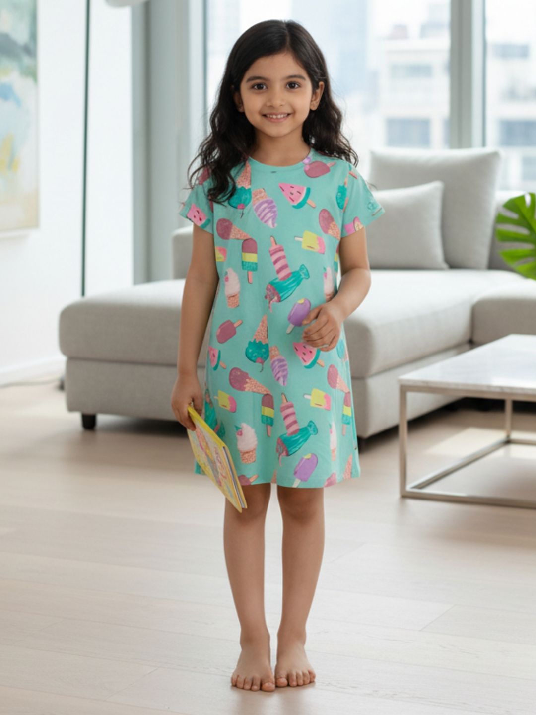 Kids Girls Summer Ice Cream Night Dress Cotton Aqua 5
